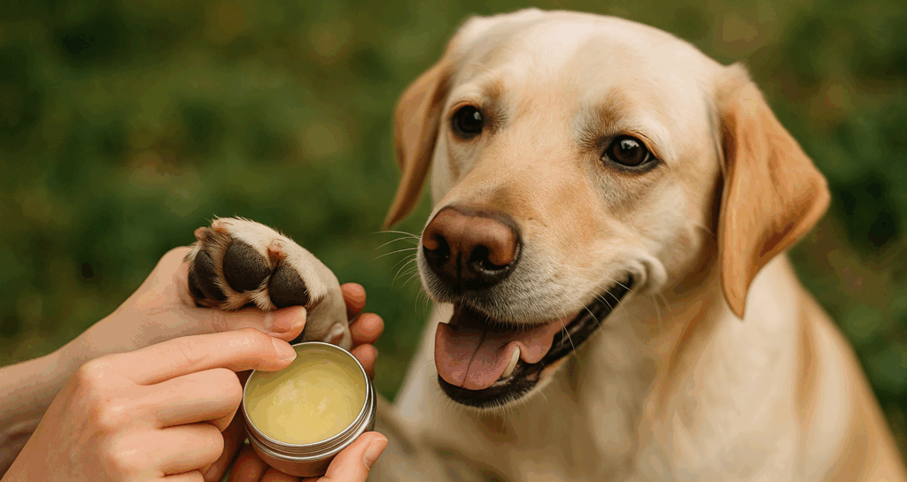 Chien recevant un soin naturel sur les coussinets (baume/apaisement)